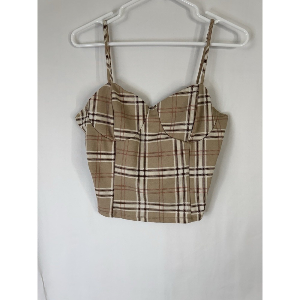Timing Plaid Corset Crop Top Size Large – Beige Brown Check Bustier Tank‎ UEC